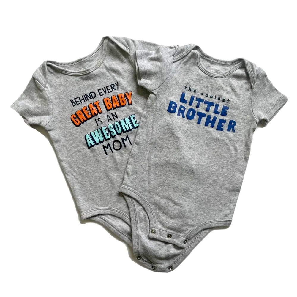 Carter's 12M Baby Boy 2 Pack Short Sleeve Bodysuits 100% Cotton Gray Graphic